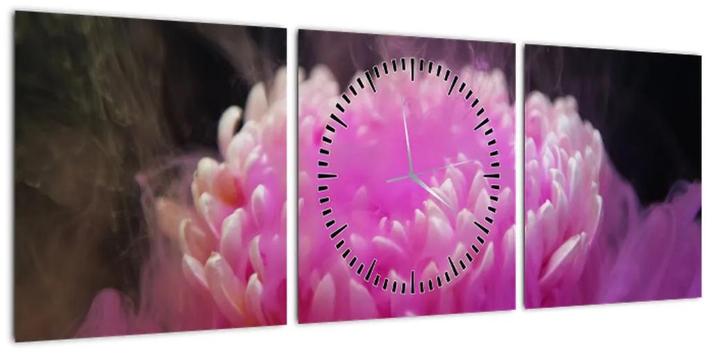 Obraz kvetiny v ružovom dyme (s hodinami) (90x30 cm)