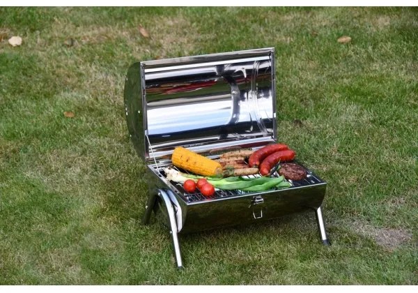 Prenosný gril na drevené uhlie lesklý chróm