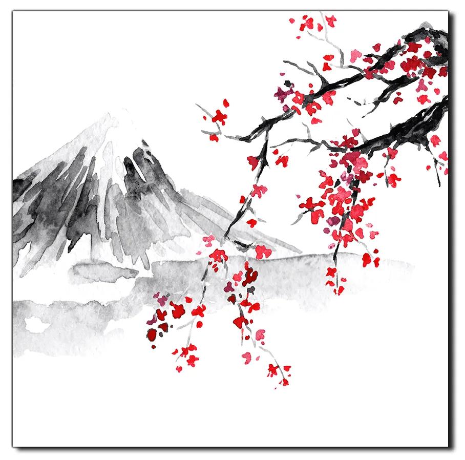 Obraz na plátne - Tradičné sumi-e obraz: sakura, slnko a hory - štvorec 3271A (80x80 cm)