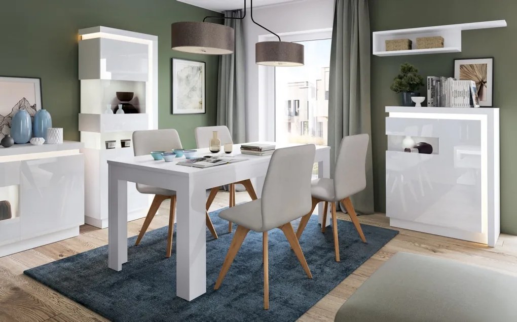 Skrinka s presklením Lyon, biely lesk, s osvetlením, ľavá