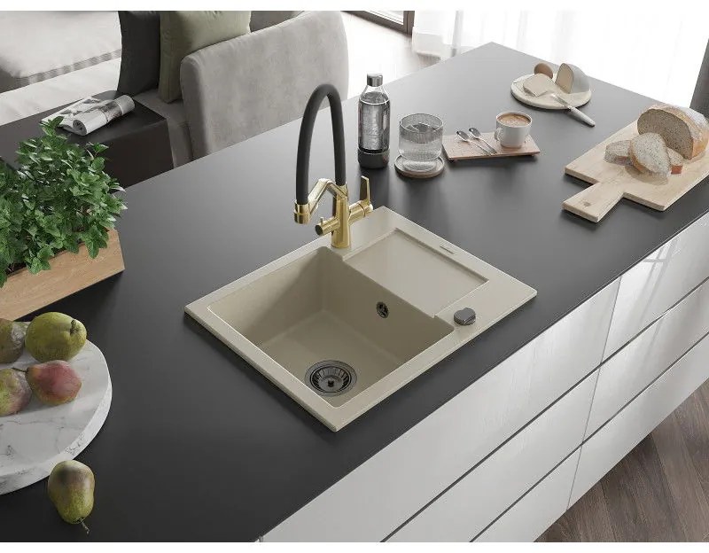 Mexen Enzo, granitový drez 576x465x174 mm, 1-komorový a drezová batéria Duo, béžová, 6506-69-671701-57-B