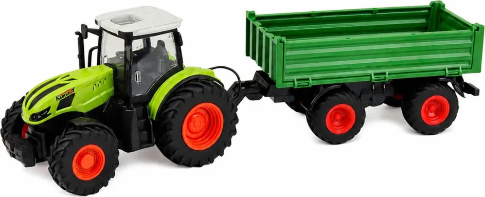 LEAN Toys Poľnohospodársky traktor s vyklápacím prívesom, diaľkovo ovládaný RC, zelený, mierka 1:24