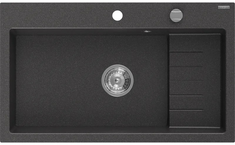 Mexen Omar, 1-komorový granitový drez 800x480x210 mm, čierna škvrnitá, chrómový sifón, 6520801005-76