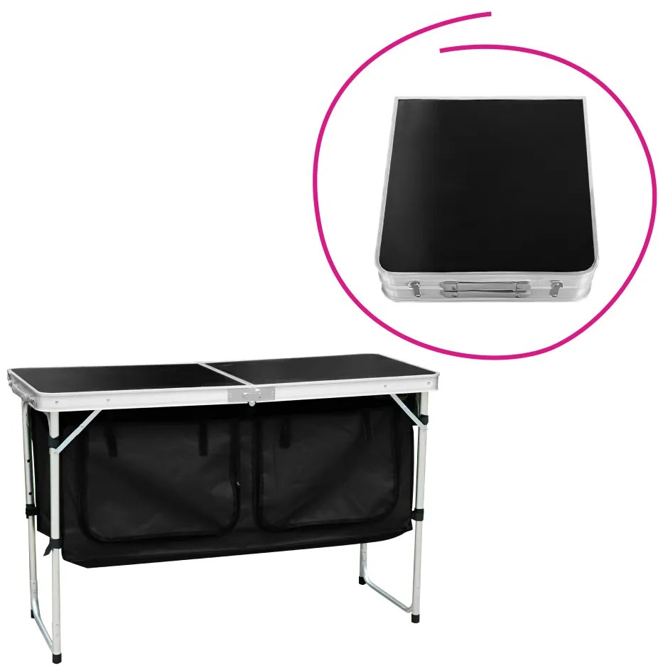 Skladací kempingový stôl s organizérom, 120 cm, hliník/MDF, KEPI TYP 3
