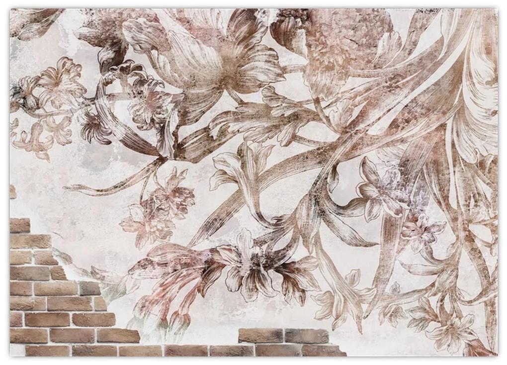 Sklenený obraz - Kvetinová freska na tehlovej stene (70x50 cm)