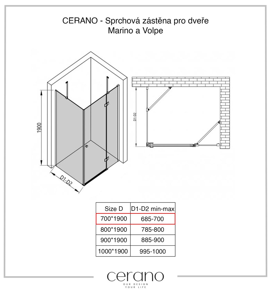CERANO Cerano, pevná sprchová zástena pre dvere Marino a Volpe 70x190 cm, 6mm číre sklo, čierny profil, CER-CER-420264