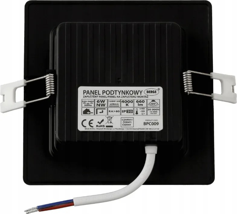 LED panelové stropní svítidlo pro zapuštěnou montáž 6W, černé čtvercové, 4000K