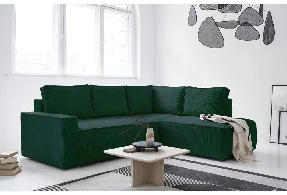 Tmavozelená menčestrová rozkladacia rohová pohovka (pravý roh) Brave Dave – Miuform