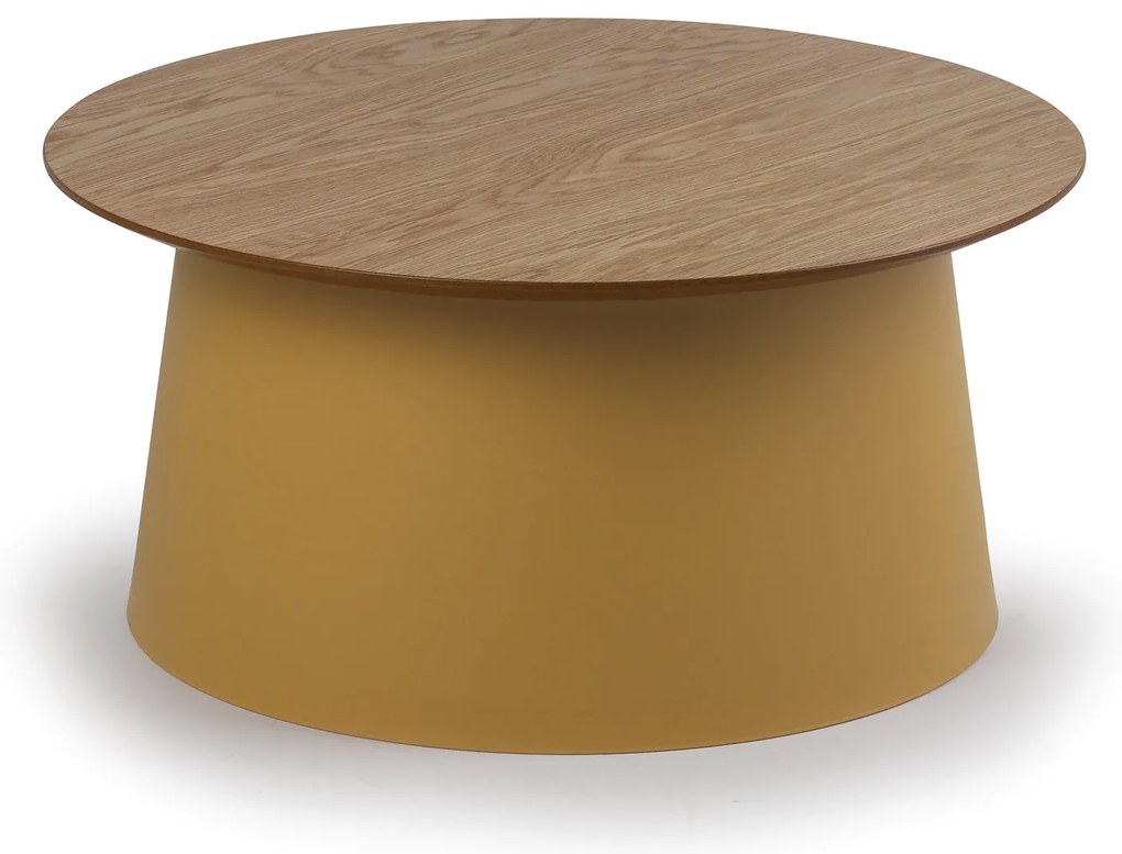 Plastový kávový stolík SETA s drevenou doskou, priemer 69 cm, dub/okrová