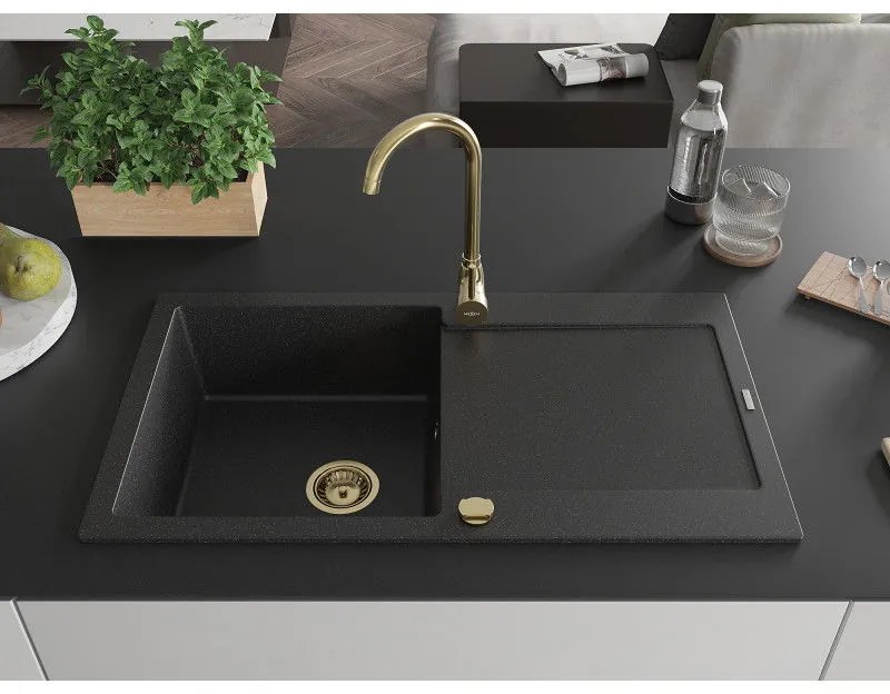Mexen Leo, drez granitový 900x500x190 mm, 1-komorový, čierna-strieborná metalíza so zlatým sifónom, 6501901010-73-G