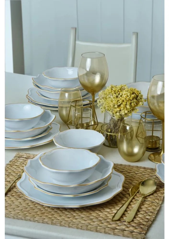 Jedálenská súprava 24 ks, biela/zlatá, kamenina