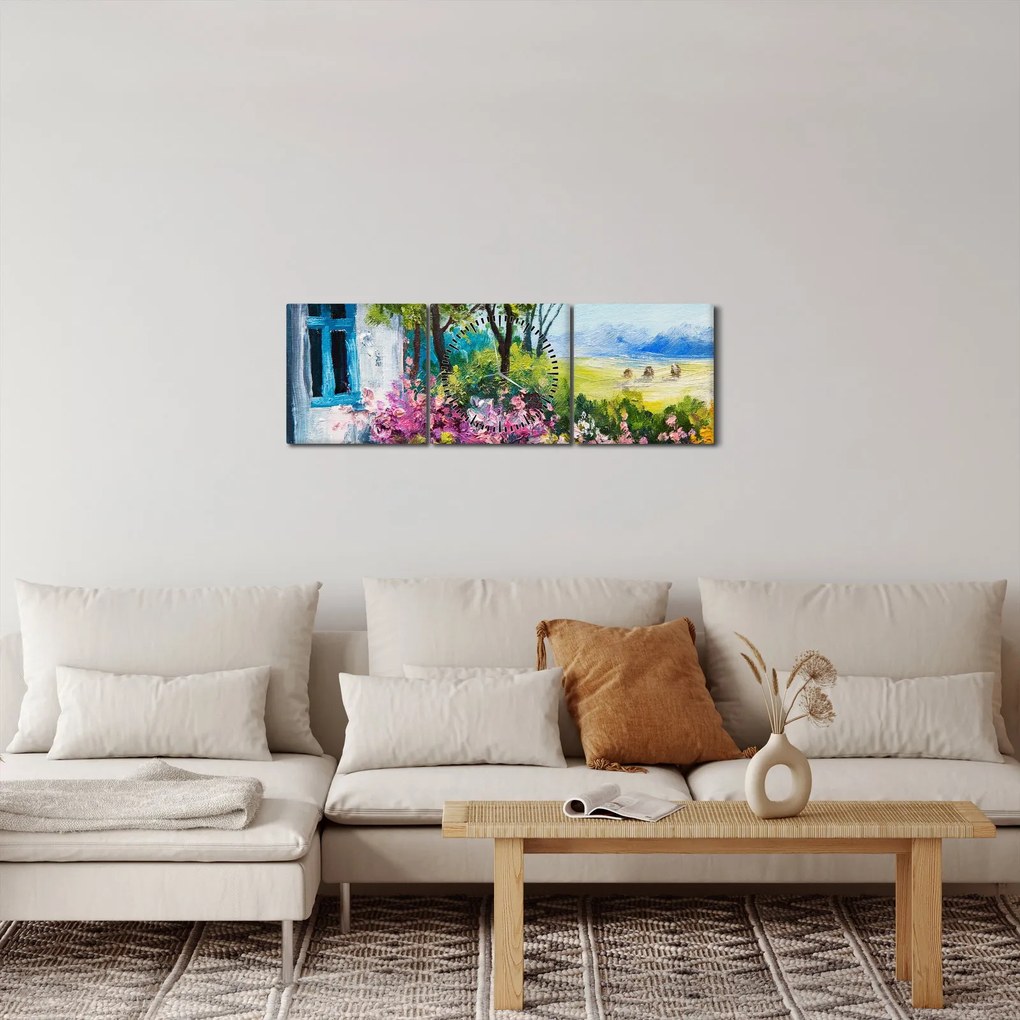 Obraz záhradky pred domom, olejomaľba (s hodinami) (90x30 cm)
