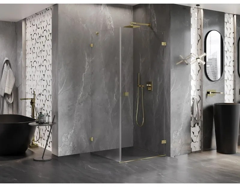 Mexen Lunar-B, pravostranný výklopný sprchový kút 70 x 70 cm, 8mm číre sklo, zlatý profil, 832-070-070-50-00-P