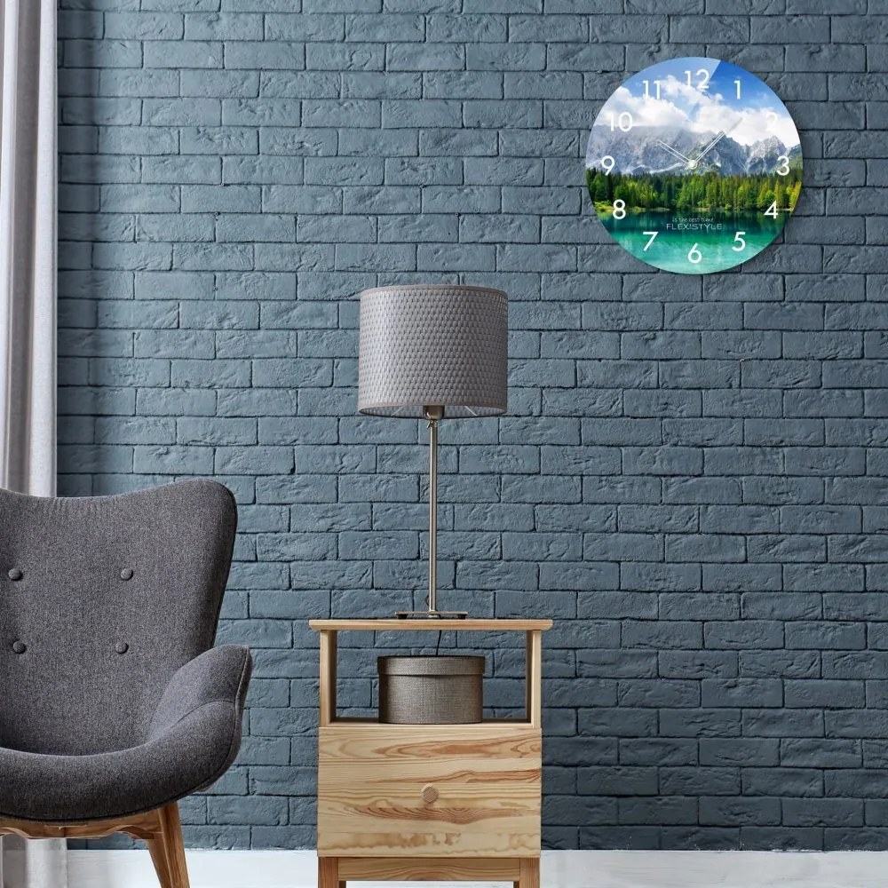 Okrúhle sklenené hodiny 30 cm s motívom horského jazera