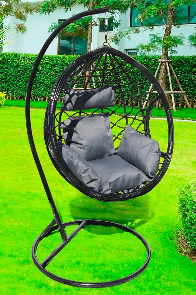 Závesné kreslo 03 čierne so sivou poduškou