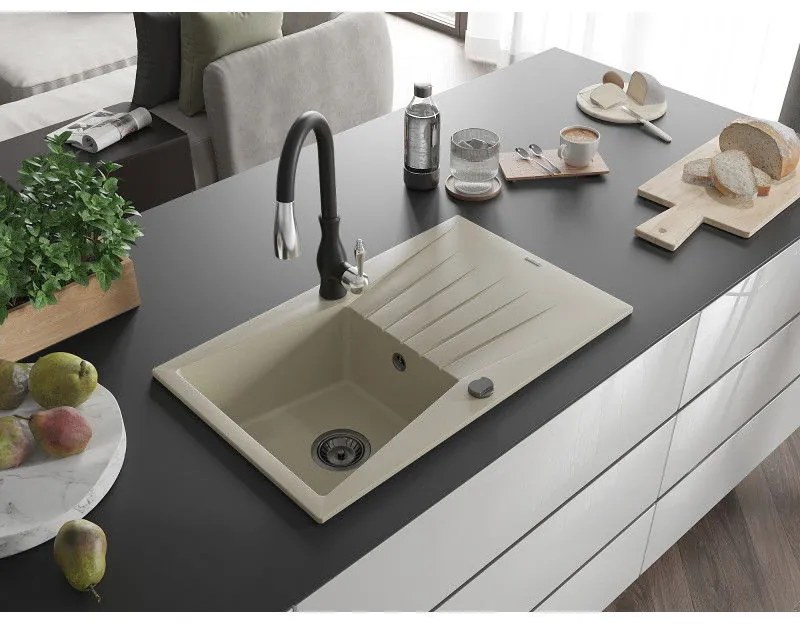 Mexen Cesar, 1-komorový granitový drez 775x470x190 mm a drezová batéria Savita, béžová, 6514-69-672601-70