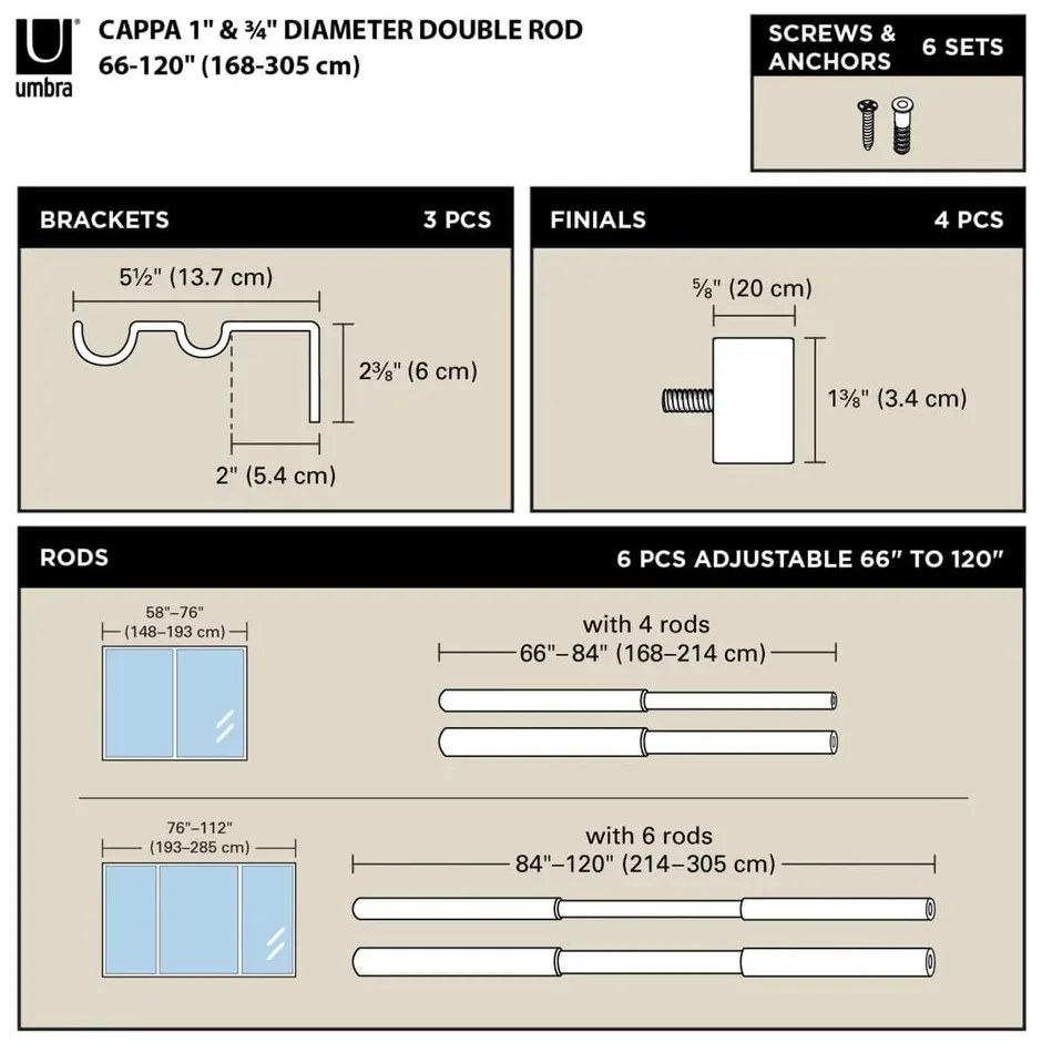 Oceľová roztiahnuteľná dvojitá garniža 168 - 305 cm Cappa - Umbra