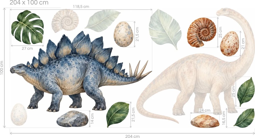 Stegosaurus a dlhokrký dinosaurus praveké akvarelové nálepky pre malých aj väčších chlapcov na stenu arch 46 x 23 cm