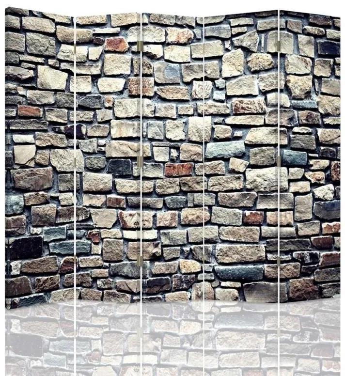 Ozdobný paraván, Kamenná zeď - 180x170 cm, päťdielny, obojstranný paraván 360°