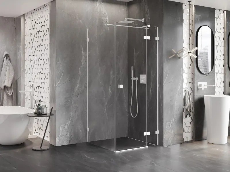 Mexen Lunar T, výklopný sprchový kút pravý 110 x 110 cm, 8mm číre sklo, biely profil, 834T-110-110-20-00-P