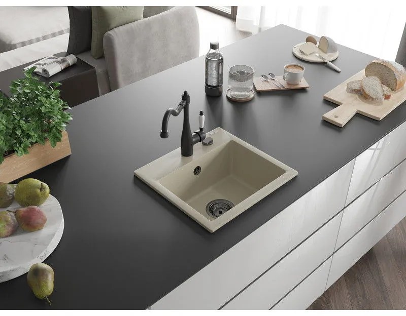 Mexen Milo, granitový drez 435x410x171 mm, 1-komorový a drezová batéria Carla, béžová, 6505-69-670700-70