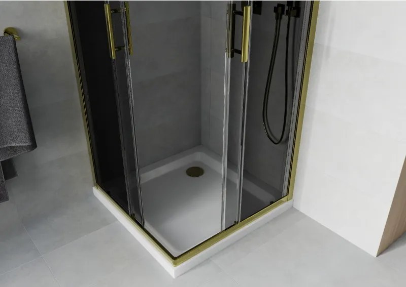 Mexen Rio, štvorcový sprchovací kút s posuvnými dverami 90(dvere) x 90(dvere) x 190 cm, 6mm šedé sklo, zlatý profil + biela sprchová vanička SLIM, 860-090-090-50-40-4010G