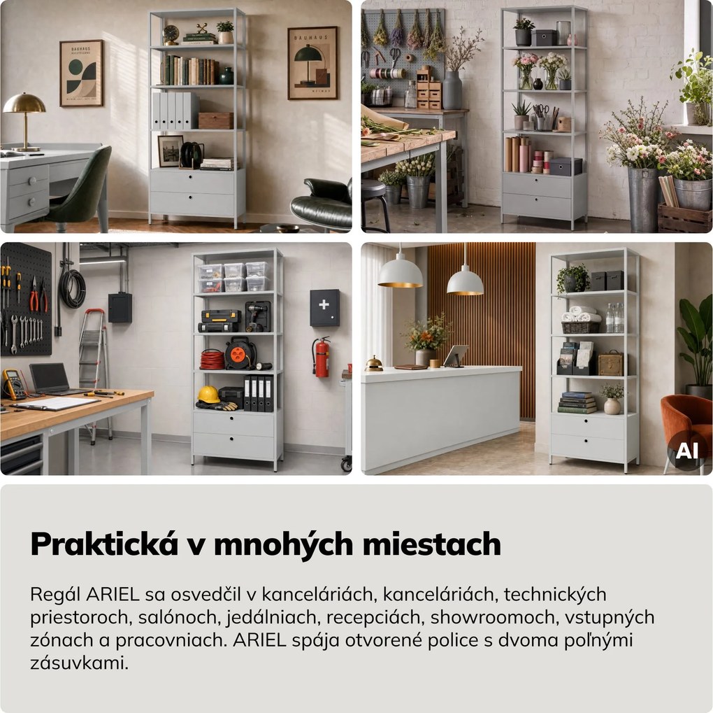 Regál so zásuvkami do kancelárie, na šanóny a dokumenty, otvorené police, kovový, sivý, 800x2200x400 mm: ARIEL