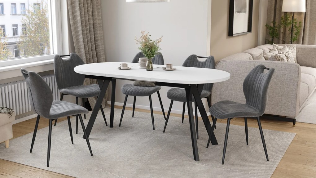 Mazzoni ALMO Biely mat / čierne nohy - OVÁLNY ROZKLADACÍ STÔL 120-220 cm PRE 10-12 OSÔB