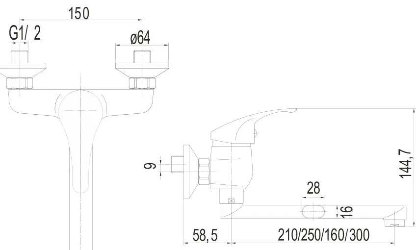 Mereo Mereo, Drezová nástenná batéria, Lila, s ramienkom plochým rovným 250 mm, chróm, MER-CBEE30201