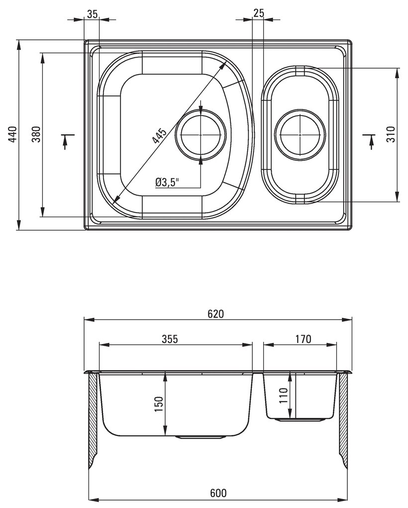 Deante Xylo, nerezový drez na dosku 1,5-komorový B/O 620x440x150 3,5" + sifón, vzor dekor, ZEX_3503