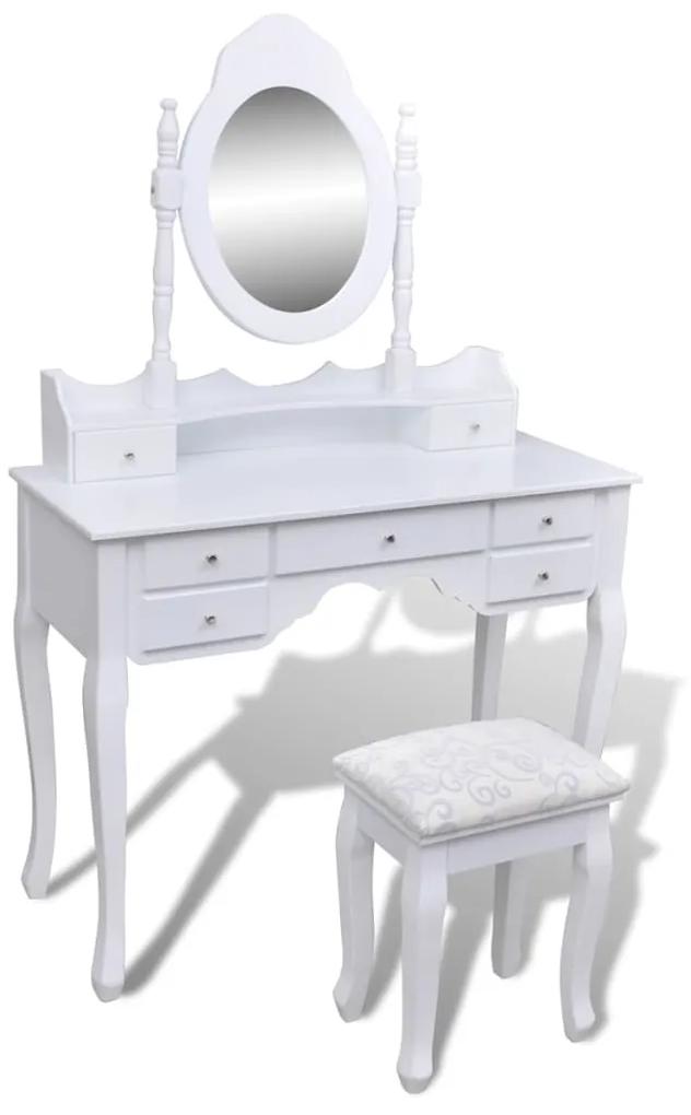 Toaletný stolík so zrkadlom a stoličkou, 7 zásuviek, biely