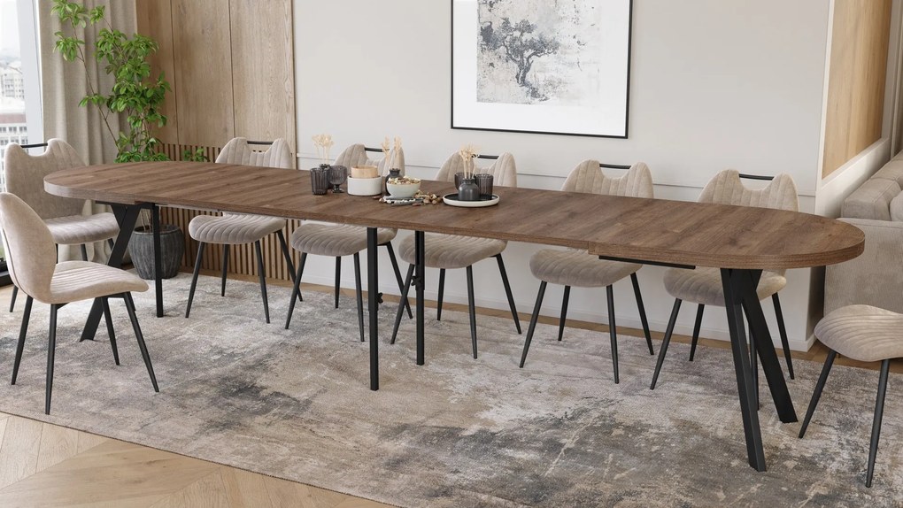 Mazzoni EXPANSO Hnedý dub / čierne nohy - OVÁLNY ROZKLADACÍ STÔL 160-360 cm PRE 16-18 OSÔB