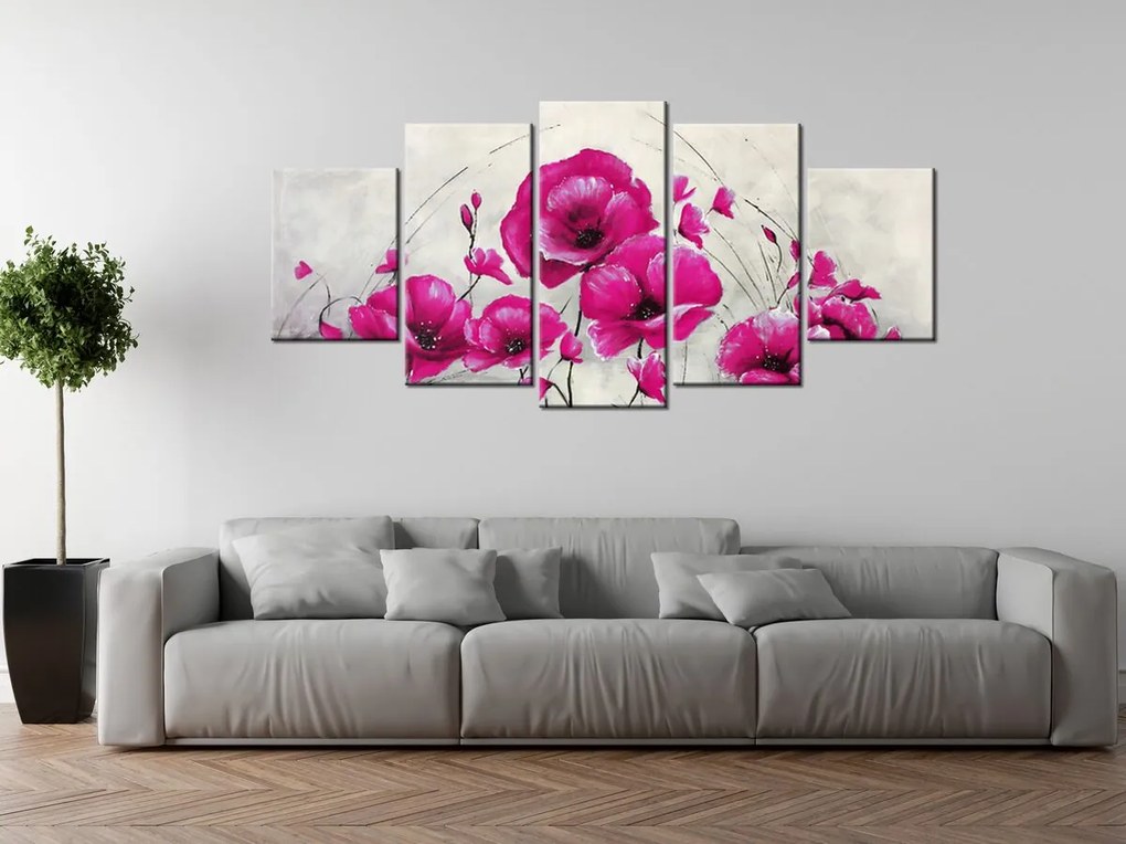 Gario Ručne maľovaný obraz Ružové Vlčie maky - 5 dielny Rozmery: 150 x 70 cm