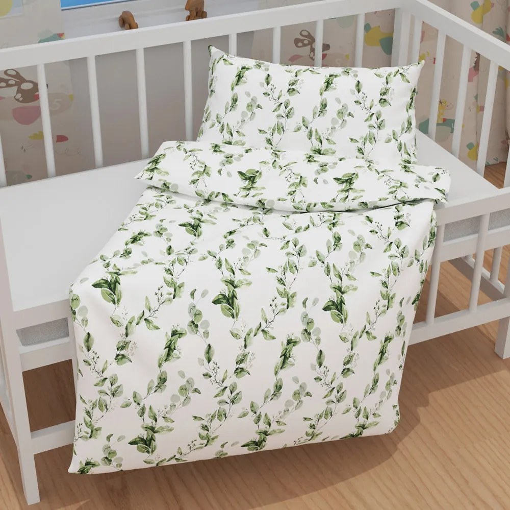 Biante Detské bavlnené posteľné obliečky do postieľky Sandra SA-422 Zelené listy na bielom Do postieľky 90x130 a 40x60 cm