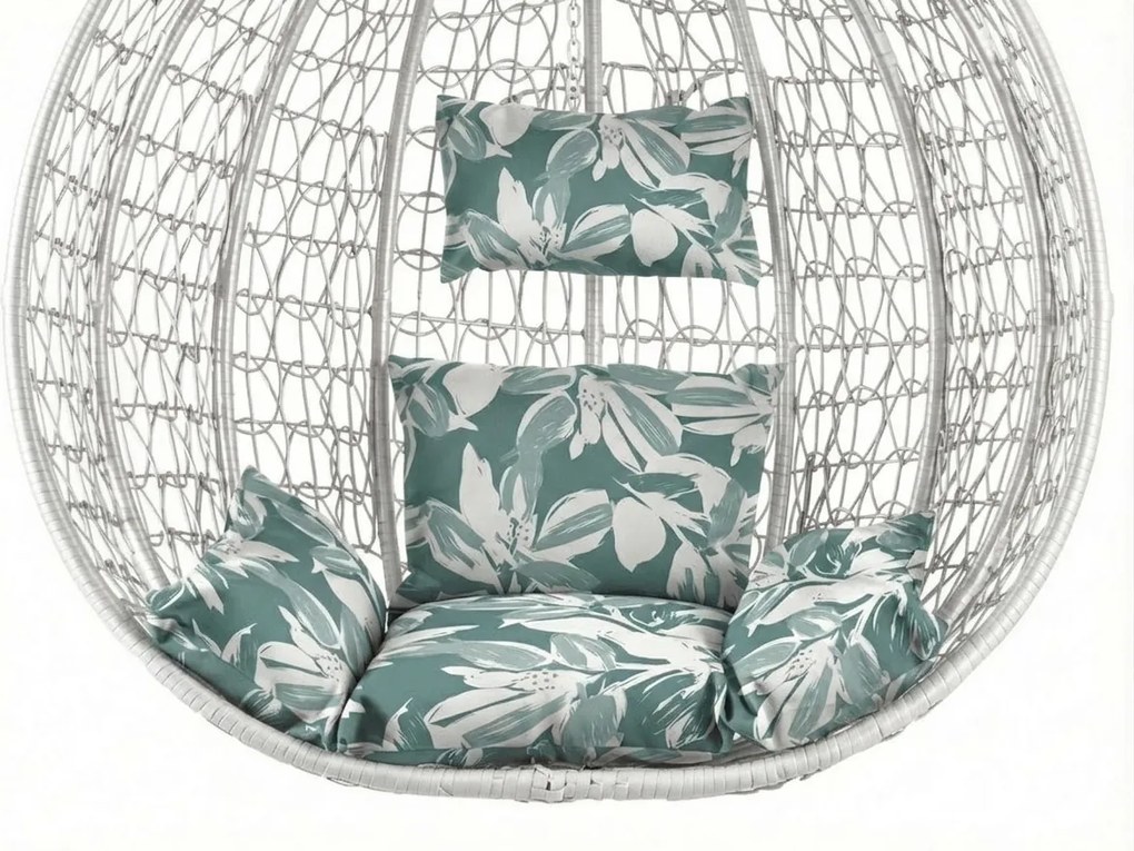 Biele závesné kreslo KOKON so stojanom, zeleno-biely vankúš.