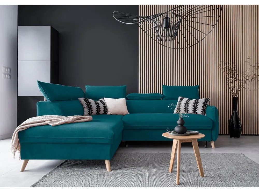 Tyrkysová zamatová rozkladacia rohová pohovka (ľavý roh) Sweet Harmony – Miuform