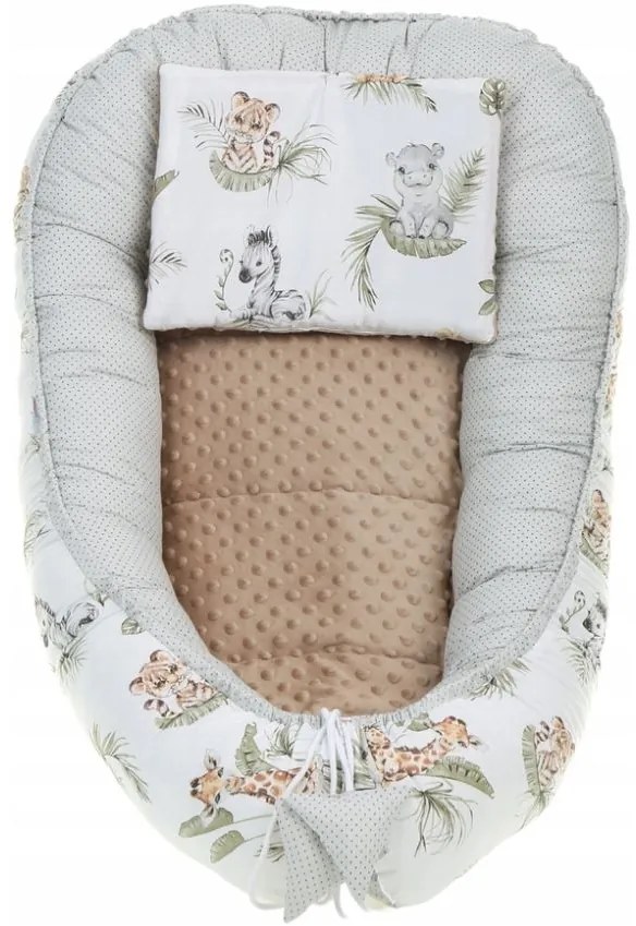 Obojstranné hniezdočko (kokon) pre bábätko - BABYMAM PREMIUM set 7v1 - Africké zvieratká s béžovou minkami