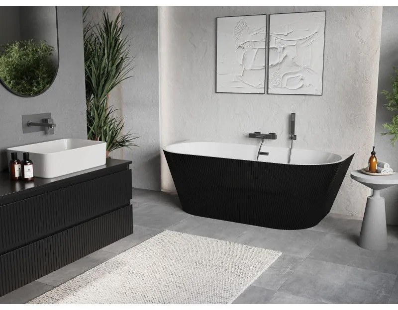 Mexen Oris, voľne stojaca ryhovaná vaňa 170 x 80 cm, biela-čierna, brúsený grafit prepad, 52871708075-66