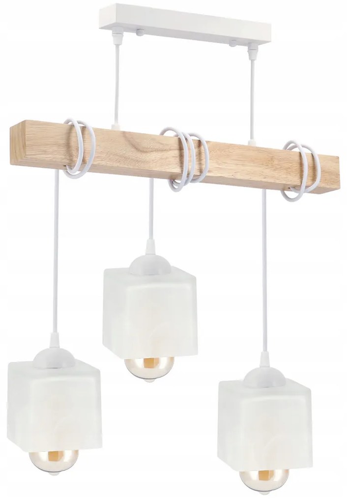BERGE LED závesné stropné svietidlo, drevený trám, 3xE27, loft, mliečna kocka - biela