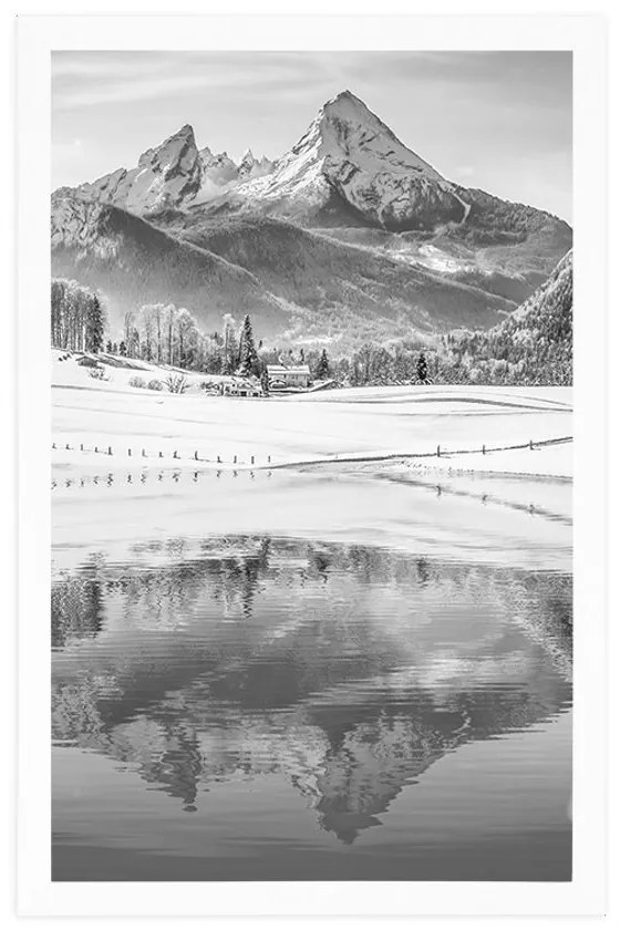 Plagát zasnežená krajina v Alpách v čiernobielom prevedení - 20x30 silver
