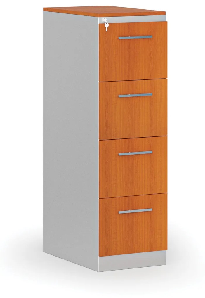 Kovová zásuvková kartotéka PRIMO s drevenými čelami A4, 4 zásuvky, sivá/čerešňa