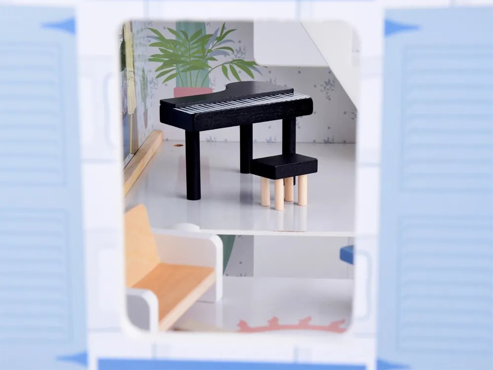 Drevený modrý domček pre bábiky + nábytok+ terasa Jokomisiada ZA5273