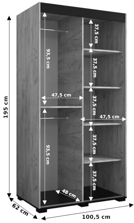 Šatníková skriňa 100 cm Bernard T2 (dub craft zlatý + čierna). Vlastná spoľahlivá doprava až k Vám domov. 1063507