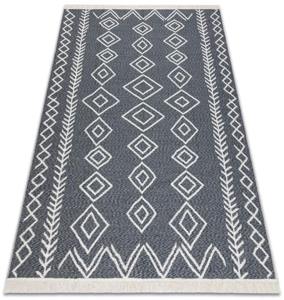 Obojstranný šnúrkový ekologický koberec TWIN 23000 Boho, so strapcami, antracit - krémový