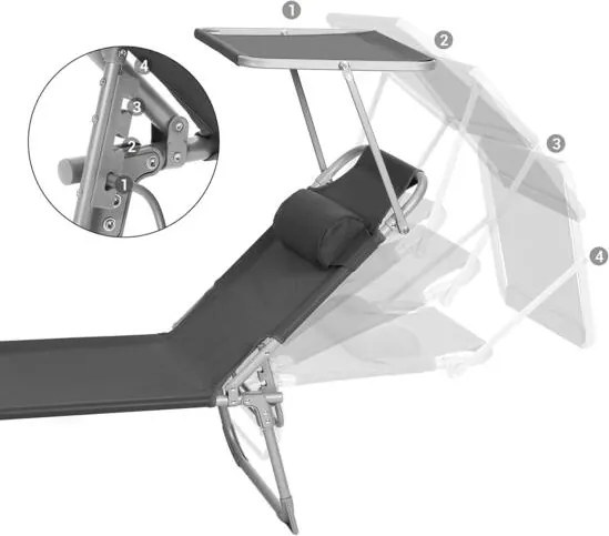Skladacie lehátko so strieškou, 53 x 193 x 29,5 cm, nosnosť do 150 kg, tmavošedé