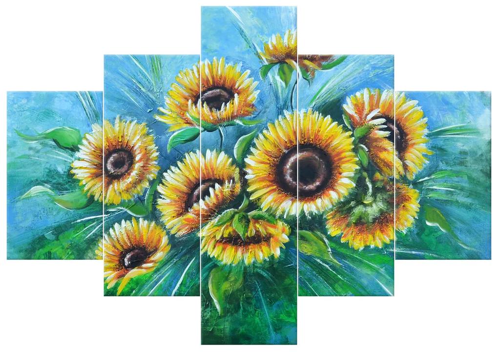 Gario Ručne maľovaný obraz Slnečnice v daždi - 5 dielny Rozmery: 100 x 70 cm