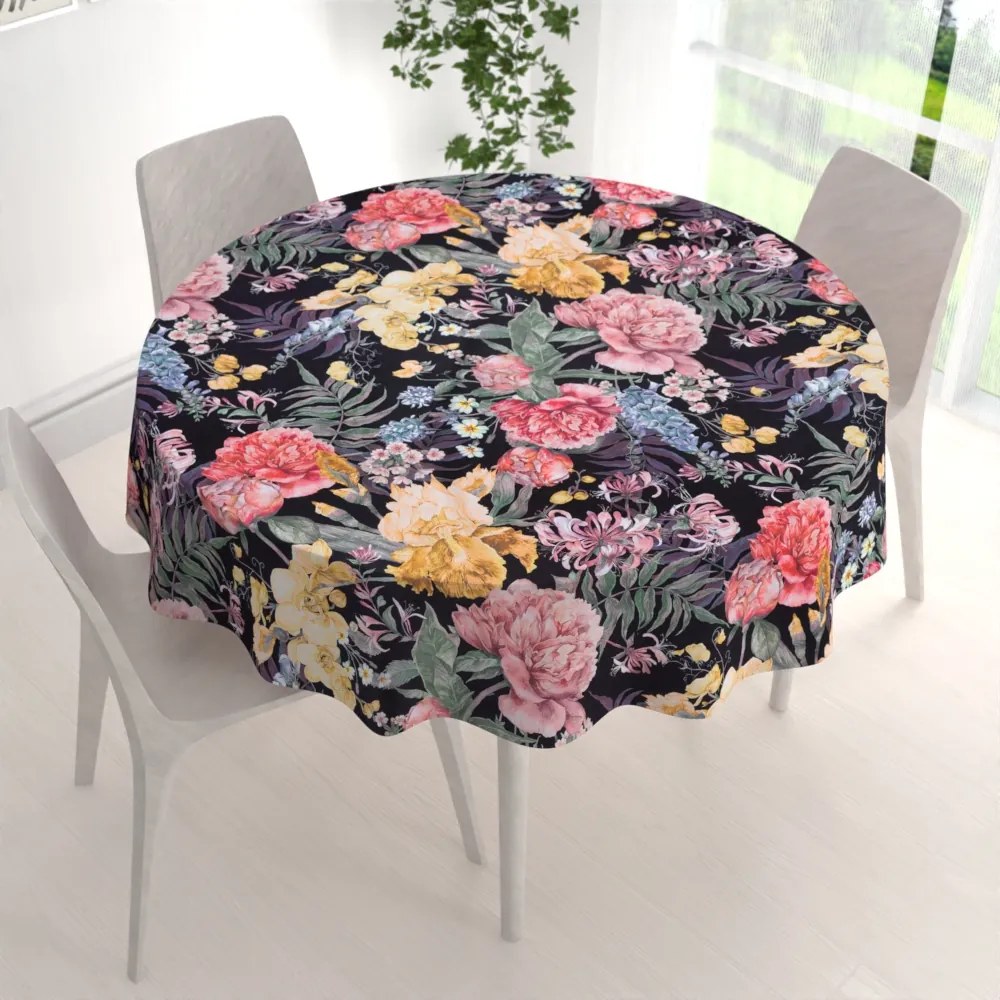 Biante Zamatový okrúhly obrus Tamara TMR-019 Záhradné kvety na čiernom Ø 120 cm