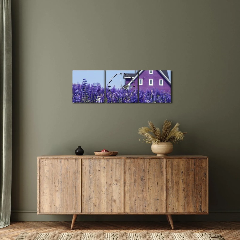 Obraz levanduľového poľa (s hodinami) (90x30 cm)