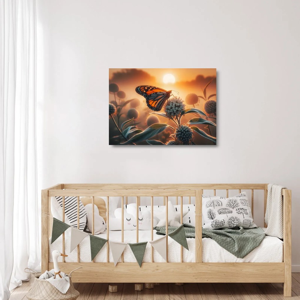 Sklenený obraz – Motýľ v zapadajúcom slnku (70x50 cm)