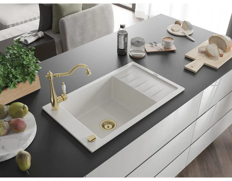 Mexen Elias, granitový drez 795x480x200 mm, 1-komorový a drezová batéria Carla, biela, 6511-20-670700-50